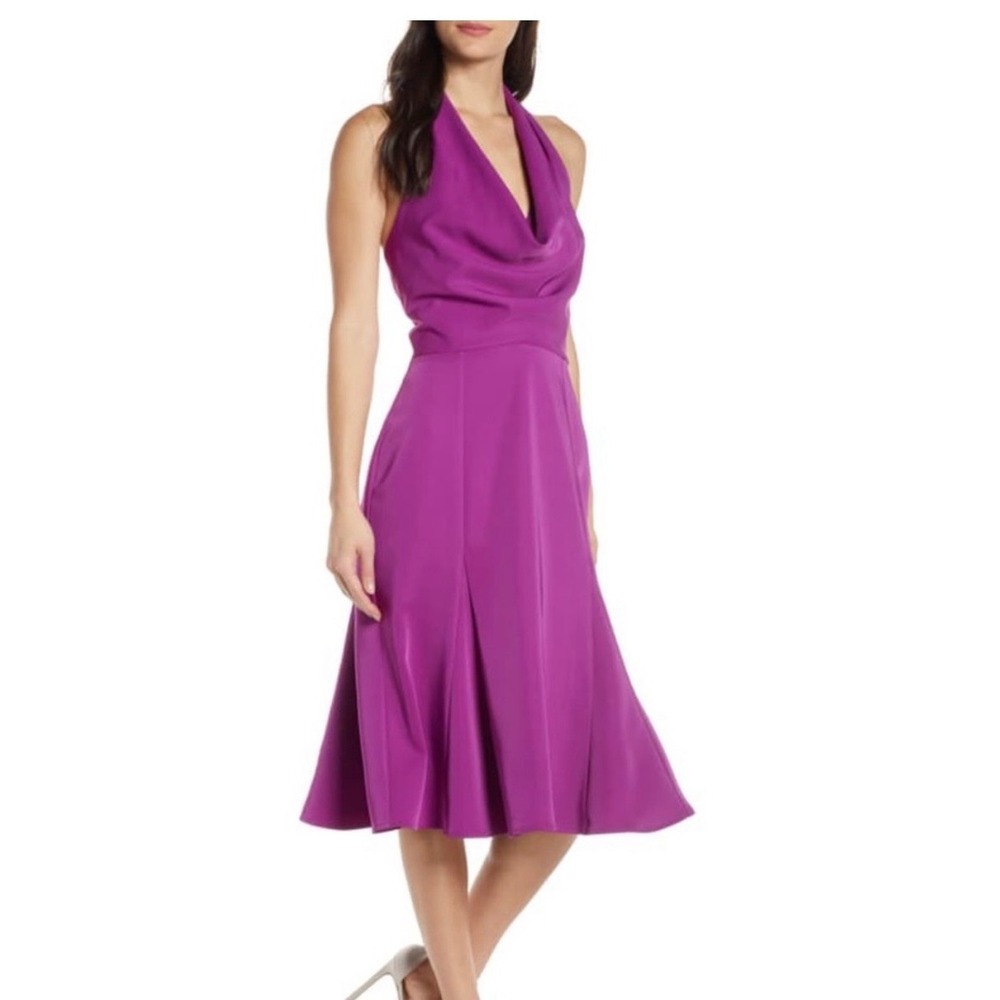 Harlyn Magenta Purple Halter Cowl Neck Fit and Flare Midi Dress Size Medium NWT